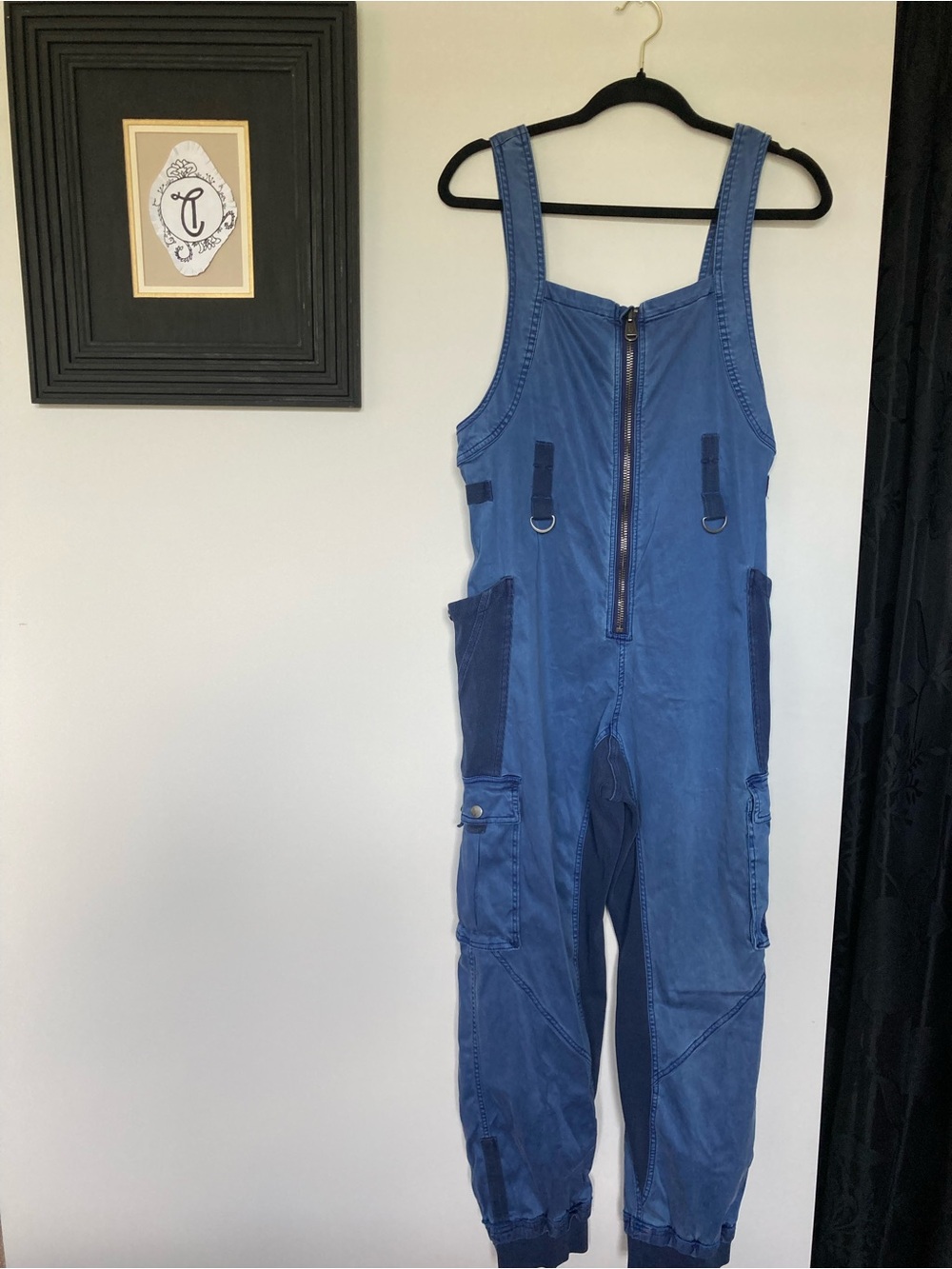 Free people movement Blue Utility denim jumpsuit with Front Zip and cargo pocket